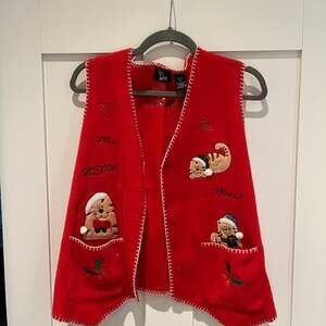 Vintage 90's Ugly Christmas Cat in Santa Hats Vest, Holiday Fleece Embroidered